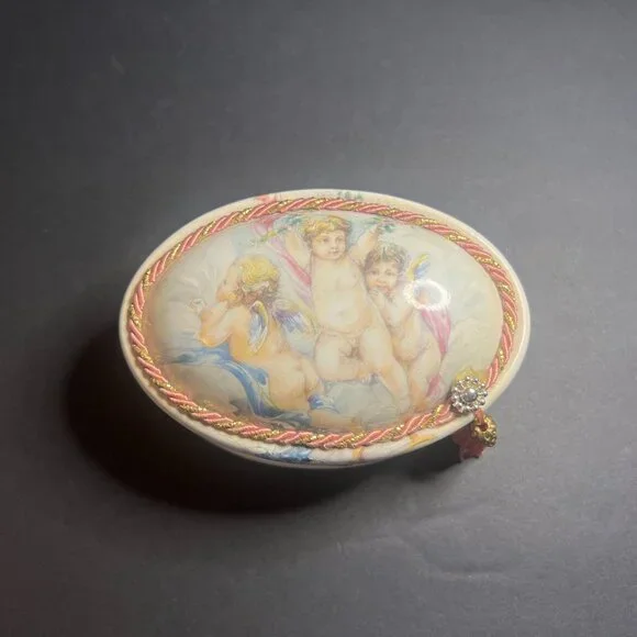 VTG MCM Berger Italian Porcelain Hinged Cherubs Angels Oval Trinket Box w Tassel - Picture 3 of 6